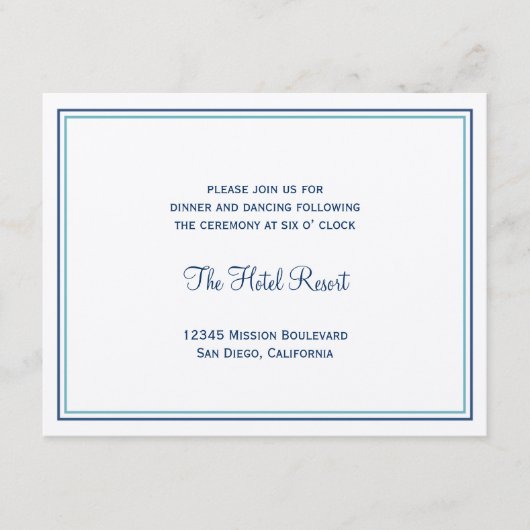 Blauw zeeschelp trouwfeest receptie enclosure informatiekaartje (Voorkant)