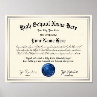 Blauw zegel Middelbare School Diploma, thuisonderw Poster