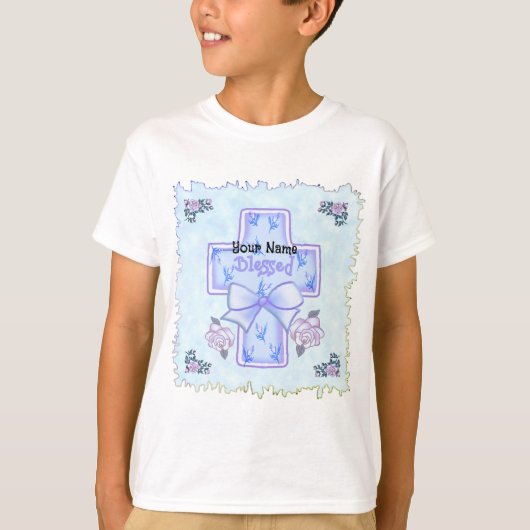 Blauw Zegen Dit Kind Christelijk Kruis T-shirt (Voorkant)