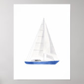 Blauw Zeilboot Aquarel Kunst Poster (Voorkant)