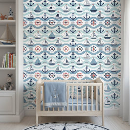 Blauw Zeilboot- en Ankerpatroon ID1258 Behang
