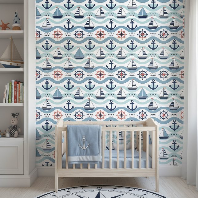 Blauw Zeilboot- en Ankerpatroon ID1258 Behang (Creator heeft geüpload)