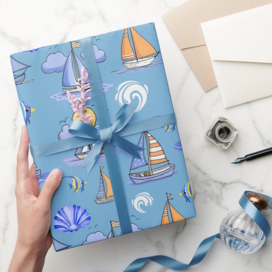 Blauw zeilboot inpakpapier (Geschenken)