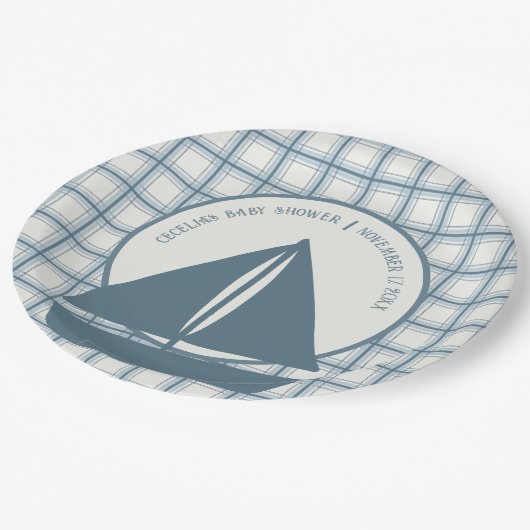 Blauw Zeilboot Jongen Nautisch Baby shower Papieren Bordje (Gekanteld)