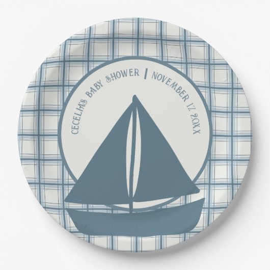 Blauw Zeilboot Jongen Nautisch Baby shower Papieren Bordje (Voorkant)