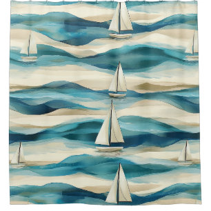 Blauw zeilboot Vintage Maritiem Kustpatroon Douchegordijn