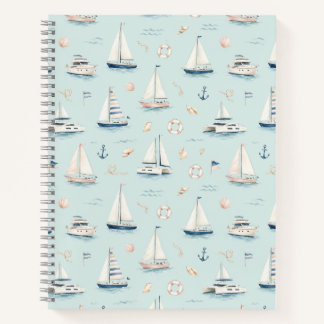 Blauw zeilboot watercolor nautisch patroon notitieboek