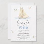 Blauw Zeilboot Zeilen In Een 1e Verjaardag Kaart (Voorkant)