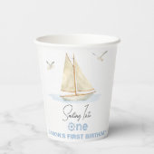 Blauw Zeilboot Zeilen In Een 1e Verjaardag Papieren Bekers (Achterkant)