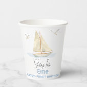 Blauw Zeilboot Zeilen In Een 1e Verjaardag Papieren Bekers (Voorkant)