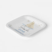 Blauw Zeilboot Zeilen In Een 1e Verjaardag Papieren Bordje (Gebogen)