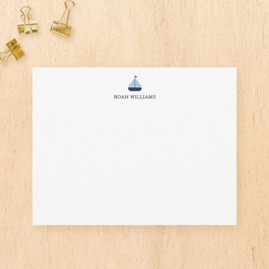 Blauw zeilbootje kids persoonlijk stationery vlak notitiekaartje
