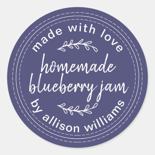 Blauw zelfgemaakte bosbessenjam inmaaklabel ronde sticker (Voorkant)