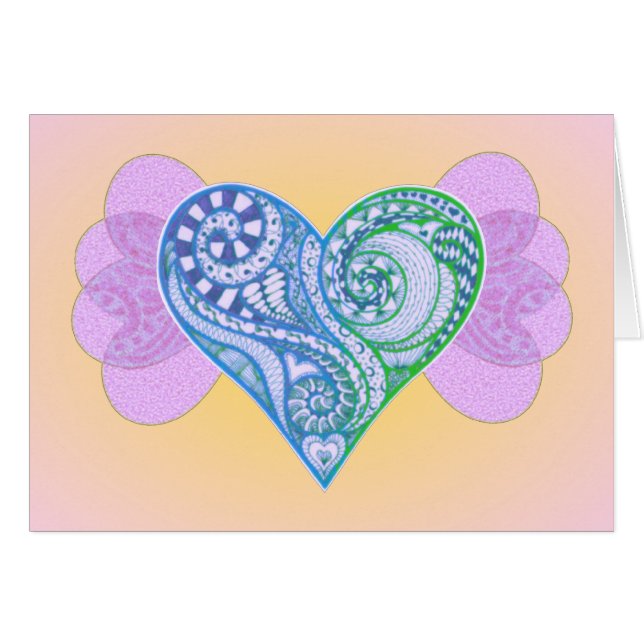  blauw Zen Tangle Heart met ringen op roze (Voorkant Horizontaal)