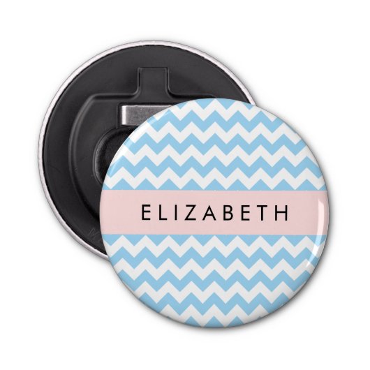 Blauw zigzag, Blauw Chevron, Golfpatroon, Jouw naa Button Flesopener (Voorkant)