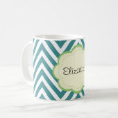 Blauw zigzag, Blauw Chevron, Golfpatroon, Jouw naa Koffiemok (Voorkant links)