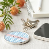 Blauw zigzag, Blauw Chevron, Golfpatroon, Jouw naa Sleutelhanger (Zijkant)