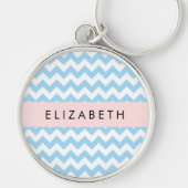 Blauw zigzag, Blauw Chevron, Golfpatroon, Jouw naa Sleutelhanger (Voorkant)