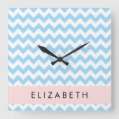 Blauw zigzag, Blauw Chevron, Golfpatroon, Jouw naa Vierkante Klok (Voorkant)