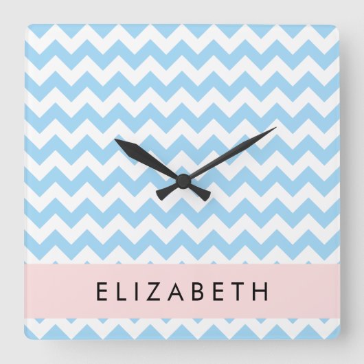 Blauw zigzag, Blauw Chevron, Golfpatroon, Jouw naa Vierkante Klok (Voorkant)
