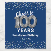 Blauw Zilver 100e Verjaardagsfeestje Wijnlabel Wijn Etiket (Enkel label)