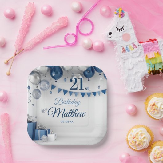 Blauw Zilver 21e verjaardag Papieren Bordje (Feest)