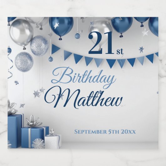 Blauw Zilver 21e verjaardag Sparkling Wijnetiket (Enkel label)