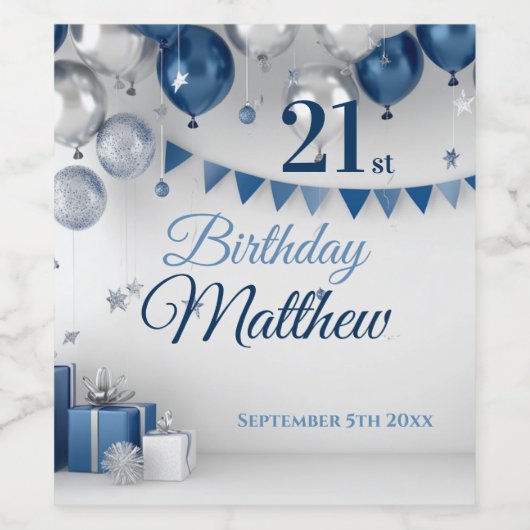 Blauw Zilver 21e verjaardag Wijn Etiket (Enkel label)