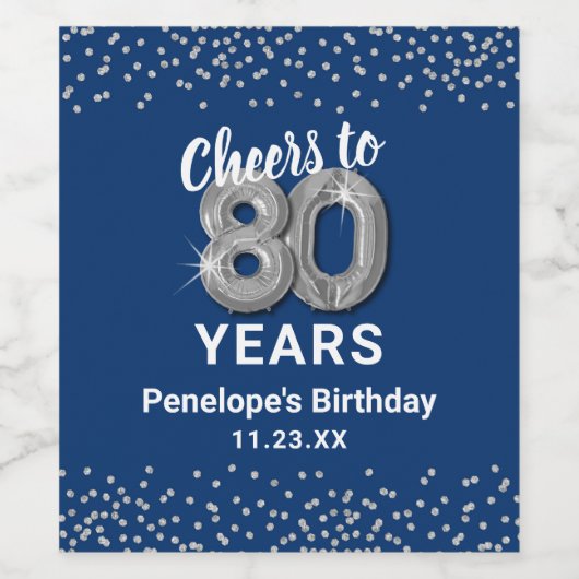 Blauw Zilver 80e Verjaardag Wijn Label Wijn Etiket (Enkel label)