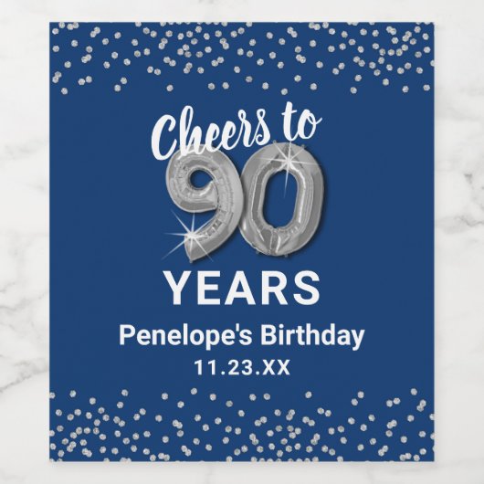 Blauw Zilver 90ste Verjaardag Wijn Label Wijn Etiket (Enkel label)