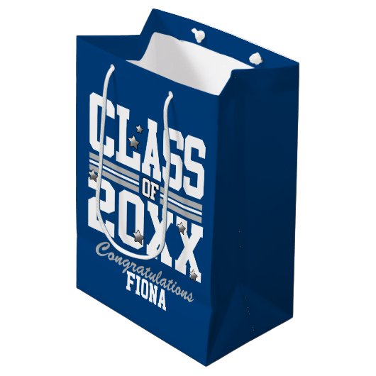 Blauw|Zilver Afstudeerklas Jaar Medium Cadeauzakje (Voorkant Gekanteld)