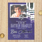 Blauw, Zilver, Blauwgroen Gestreepte Tallit Bar Mi Folie Uitnodiging