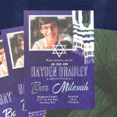 Blauw, Zilver, Blauwgroen Gestreepte Tallit Bar Mi Folie Uitnodiging