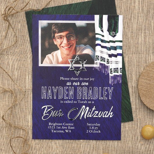 Blauw, Zilver, Blauwgroen Gestreepte Tallit Bar Mi Folie Uitnodiging