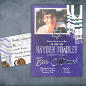 Blauw, Zilver, Blauwgroen Gestreepte Tallit Bar Mi Folie Uitnodiging