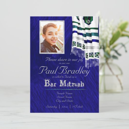 Blauw, Zilver, Blauwgroen Tallit Bar Mitzvah Uitno Kaart (Staand voorkant)