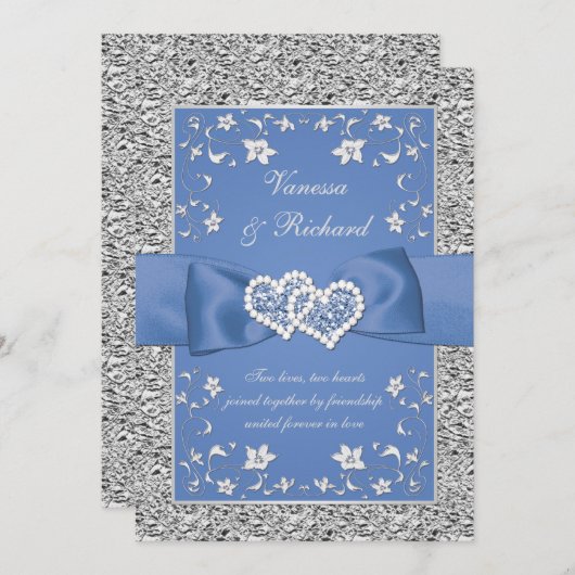 Blauw Zilver Bloemen Harten FAUX Folie bruiloft Ui Kaart (Voorkant / Achterkant)