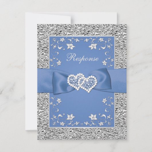Blauw Zilver Bloemen Harten FAUX Folie Huwelijk RS RSVP Kaartje (Voorkant)