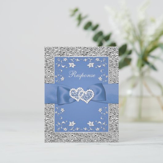 Blauw Zilver Bloemen Harten FAUX Folie Huwelijk RS RSVP Kaartje (Staand voorkant)
