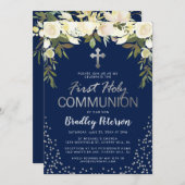 Blauw Zilver Bloemen Jongen Eerste Heilige Communi Kaart (Voorkant / Achterkant)