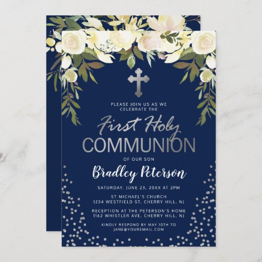 Blauw Zilver Bloemen Jongen Eerste Heilige Communi Kaart (Voorkant / Achterkant)