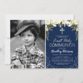 Blauw Zilver Bloemen Jongen Eerste Heilige Communi Kaart (Voorkant)