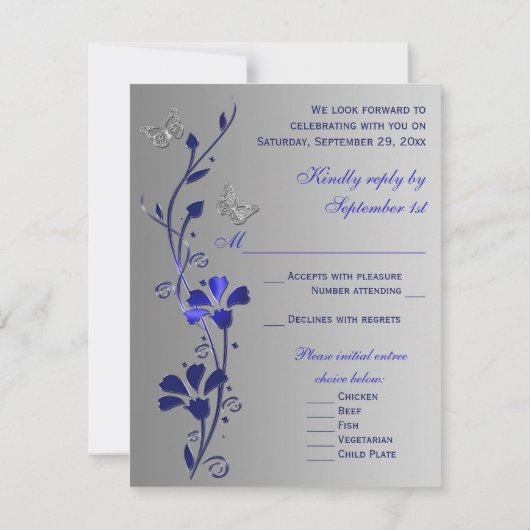 Blauw, Zilver Bloemen met Vlinders Antwoorden Kaar RSVP Kaartje (Achterkant)