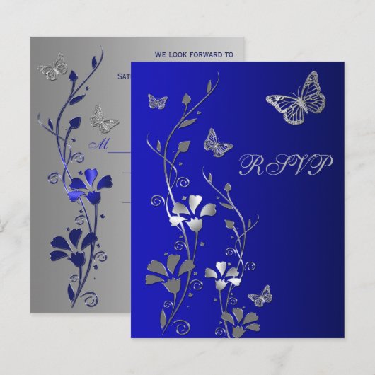 Blauw, Zilver Bloemen met Vlinders Antwoorden Kaar RSVP Kaartje (Voorkant / Achterkant)