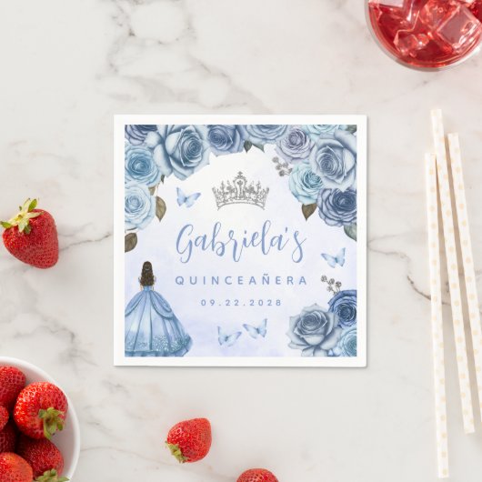 Blauw Zilver Bloemen Quinceañera Party Servet (Insitu)