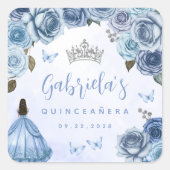 Blauw Zilver Bloemen Quinceañera Party Vierkante Sticker (Voorkant)