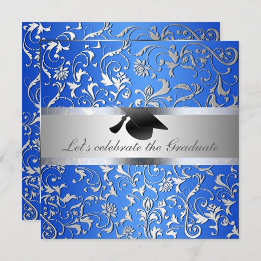 Blauw Zilver Bloempatroon Zwart Afstuderen Pet Kaart (Voorkant / Achterkant)