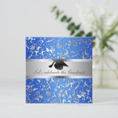 Blauw Zilver Bloempatroon Zwart Afstuderen Pet Kaart (Staand voorkant)