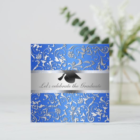 Blauw Zilver Bloempatroon Zwart Afstuderen Pet Kaart (Staand voorkant)