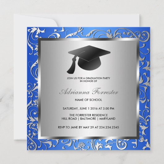 Blauw Zilver Bloempatroon Zwart Afstuderen Pet Kaart (Achterkant)